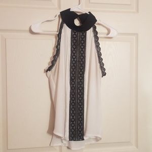 White halter blouse black lace trim